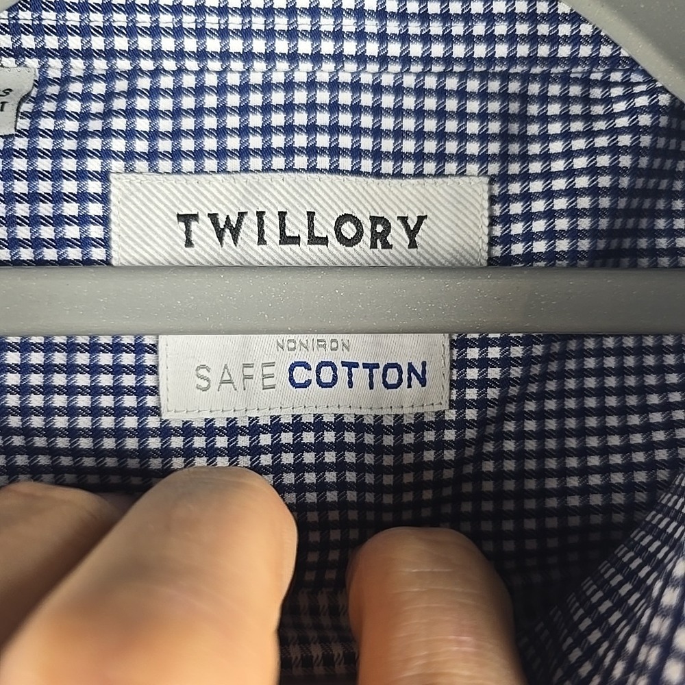 Twillory Shirt Mens 17 32/33 Blue‎ Baby Check Tailored Fit Non Iron Safe Cotton - Picture 4 of 9